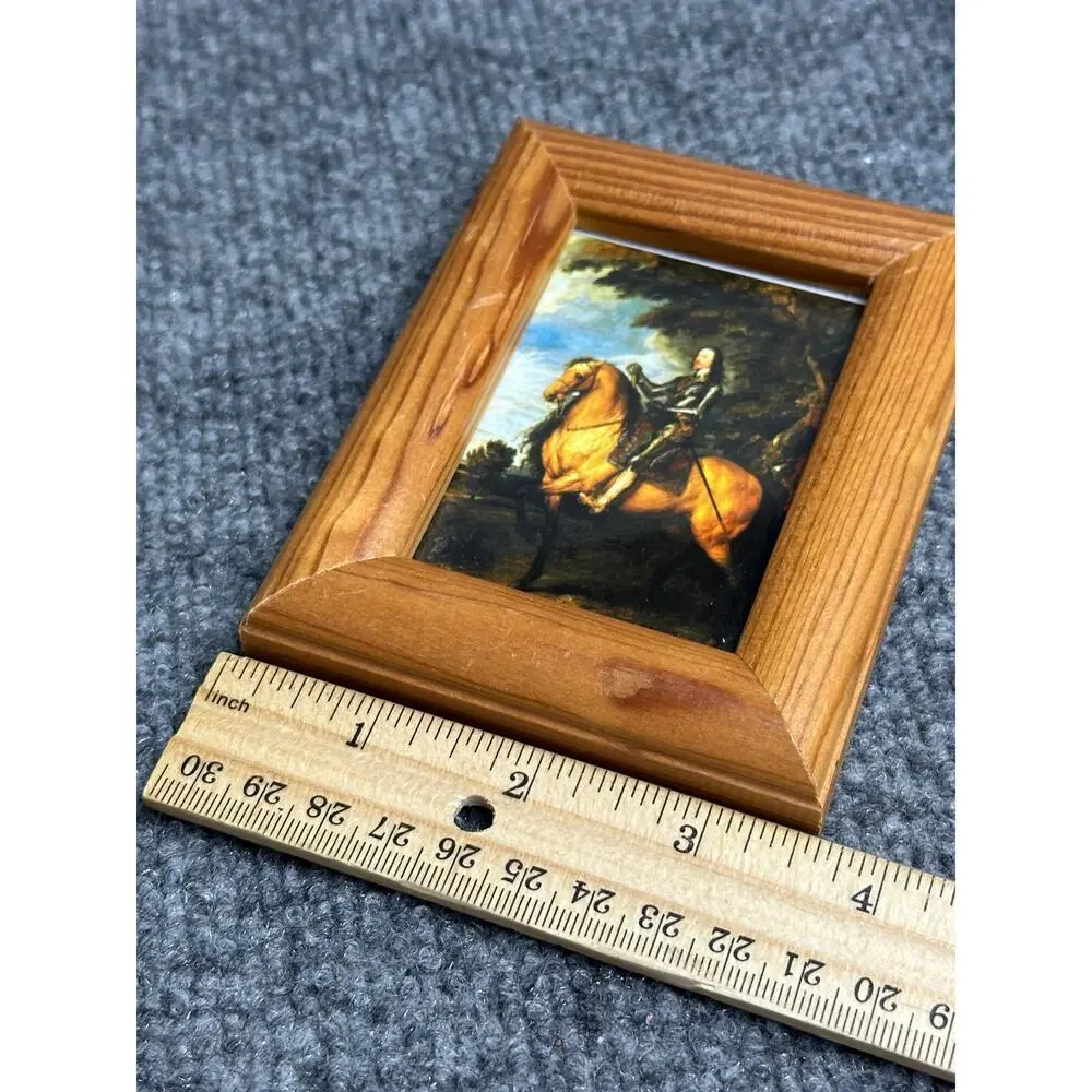 Vintage miniature solid wood picture frame 3.5x4.5 equestrian print wall hook